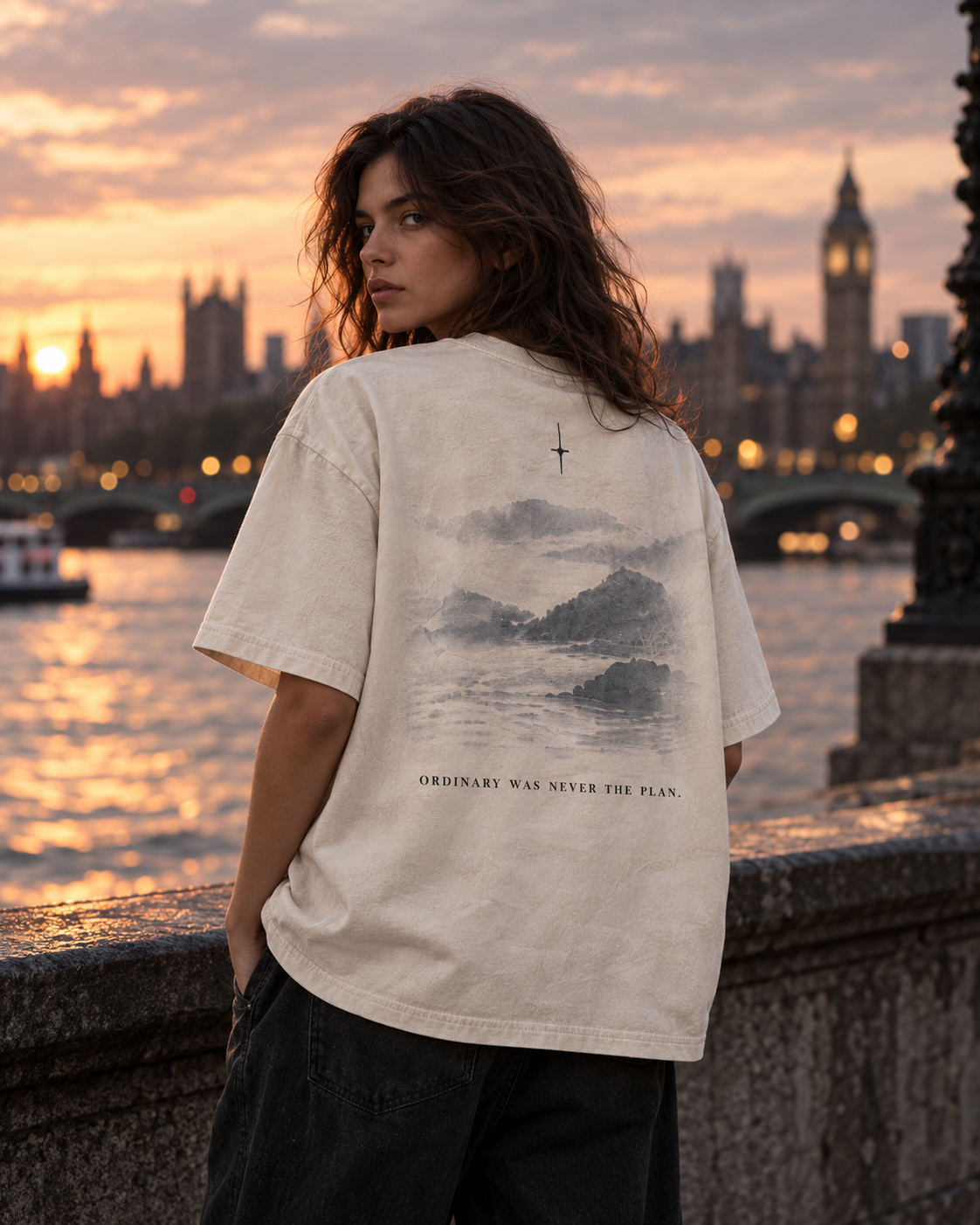 VAVA 001 QUIET bone oversized T-shirt faded back landscape graphic lifestyle view