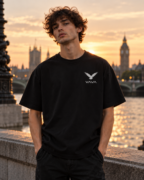VAVA 001 SIGNAL black oversized T-shirt front lifestyle view in London