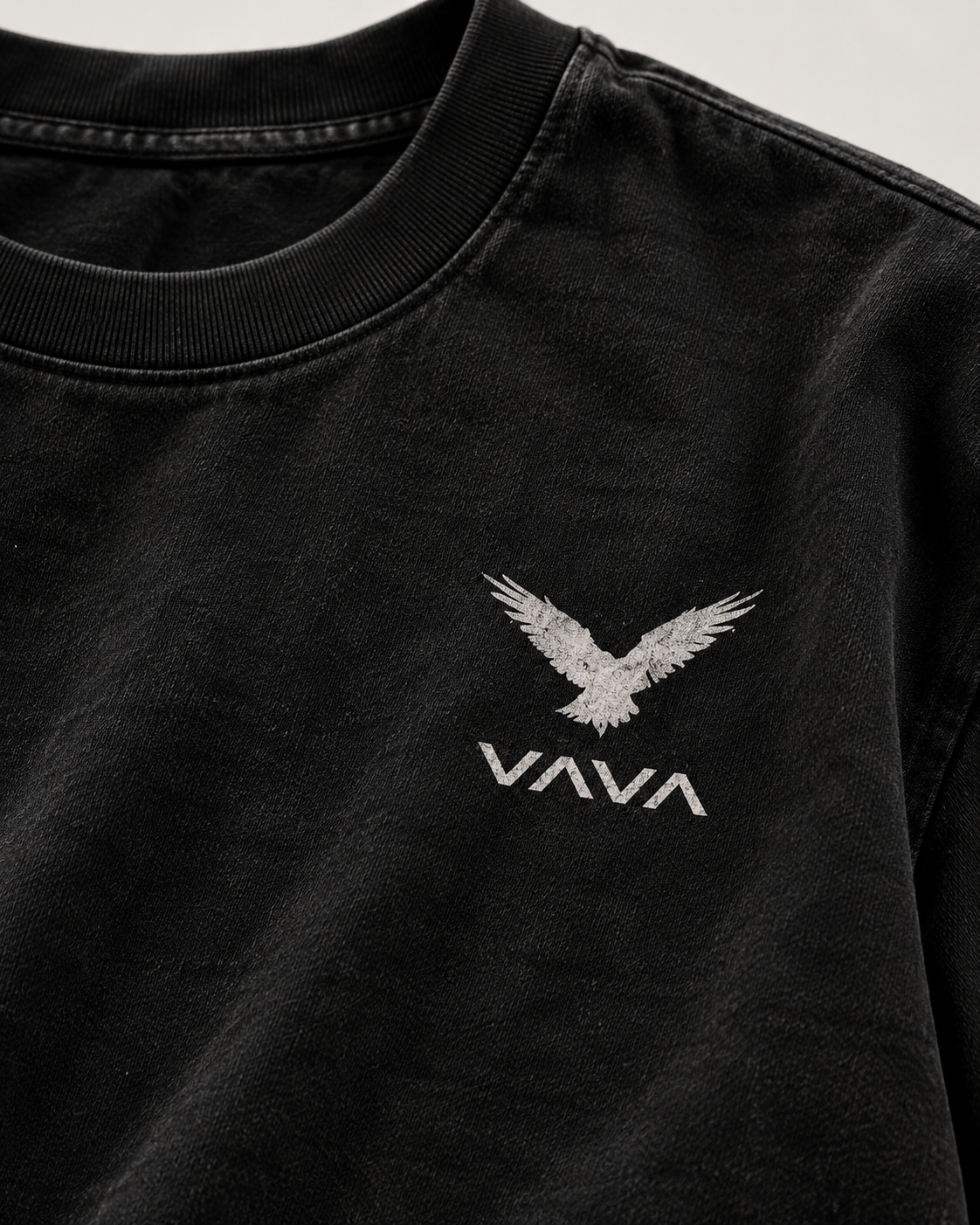 VAVA 001 SIGNAL black T-shirt bird logo and chest print detail